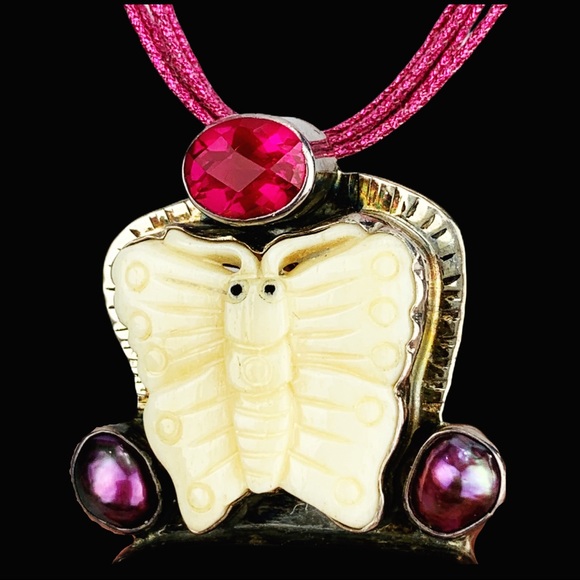 Hand Carved Butterfly Pearl Tourmaline Pin Pendant - Picture 3 of 11
